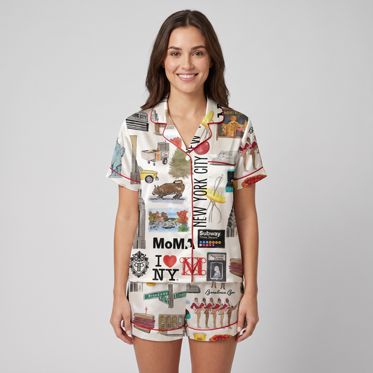 NYC Collage Christmas Women's Pajama Set - short sleeve and shorts