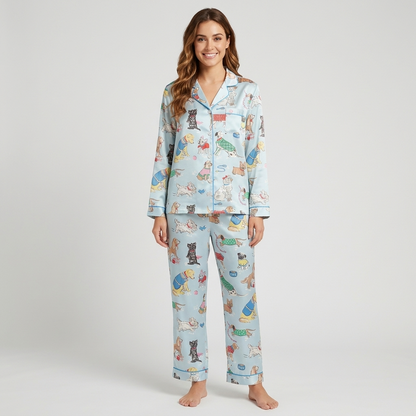 Women's satin pajama set with spaniels, terriers and pugs in plaid knit sweaters on sky blue - long sleeve and pants