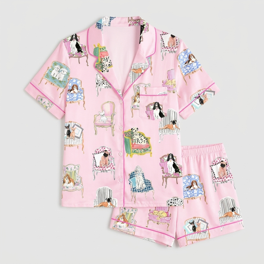 Women's satin pajama set with dogs on watercolor antique armchairs on pale pink with hot pink piping - flat lay