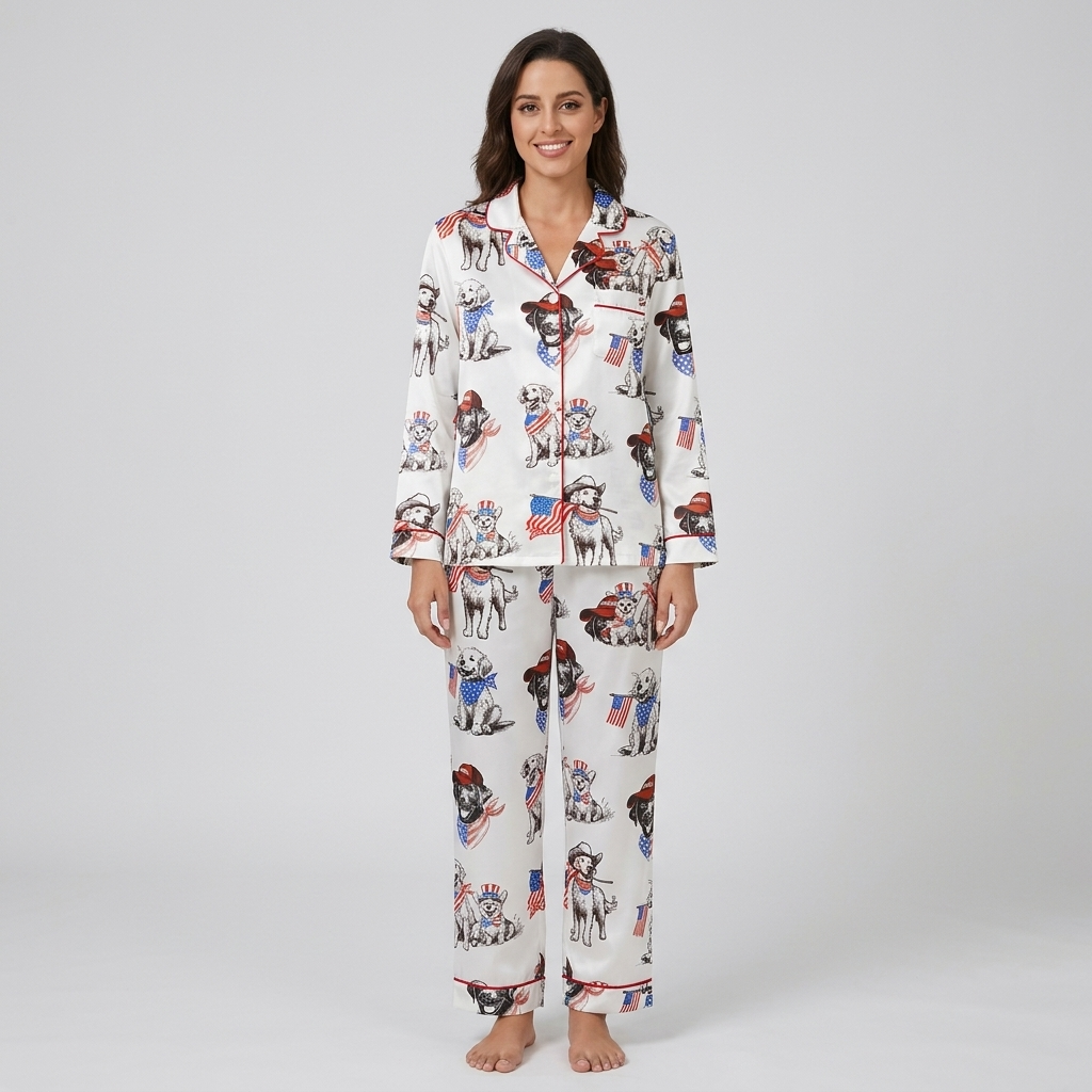 Women's satin pajama set with golden retrievers in cowboy hats with tiny American flags on white - long sleeve and pants