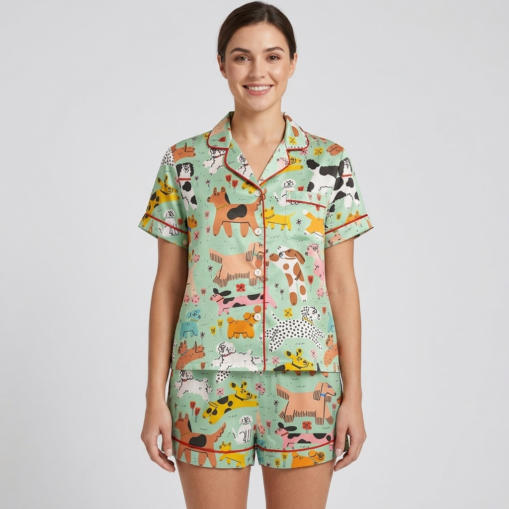 Sky Blue Dog Park Women's Pajama Set - Green short sleeve and shorts