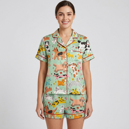 Sky Blue Dog Park Women's Pajama Set - Green short sleeve and shorts
