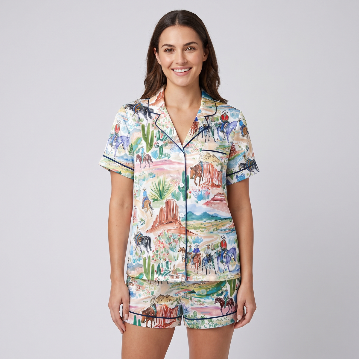 Watercolor Desert Trail Horse Women's Pajama Set - short sleeve and shorts