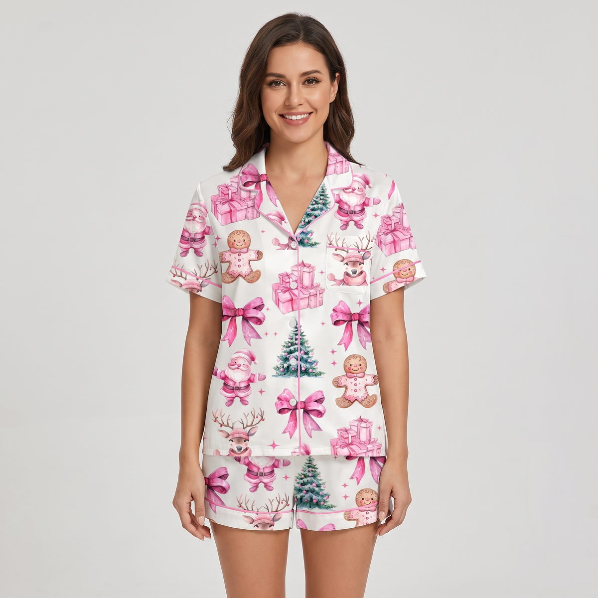Girly Pink Christmas Women's Pajama Set - short sleeve and shorts