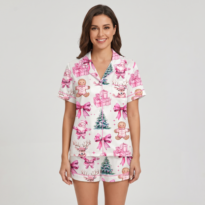 Girly Pink Christmas Women's Pajama Set - short sleeve and shorts