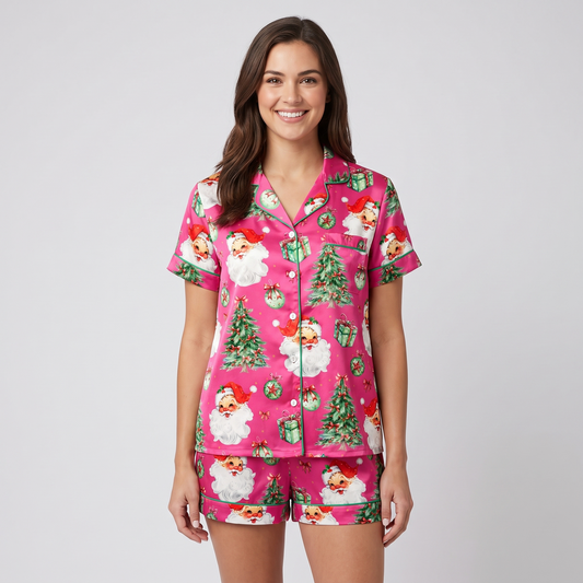 Hot Pink Santa & Trees Women's Pajama Set - short sleeve and shorts