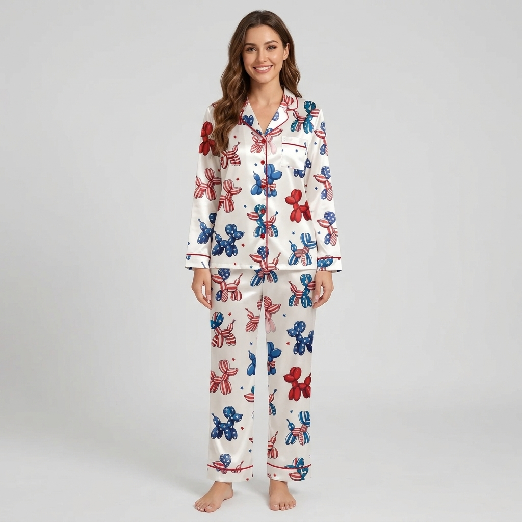 Women's satin pajama set with red, blue and flag-patterned balloon dogs and tiny stars on white - long sleeve and pants