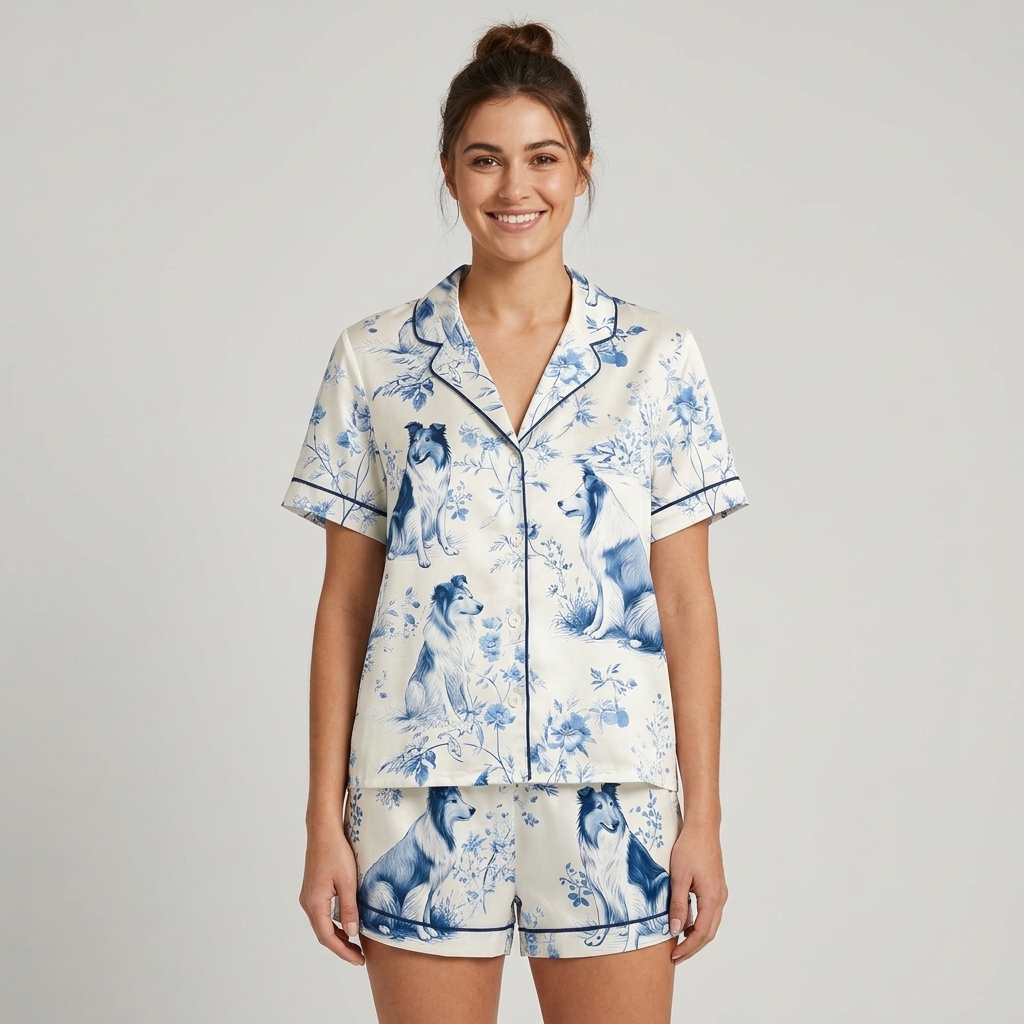 Women's satin pajama set with rough collies among blue chinoiserie flowers and branches on white - short sleeve and shorts