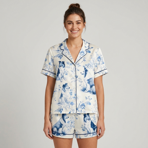 Women's satin pajama set with rough collies among blue chinoiserie flowers and branches on white - short sleeve and shorts
