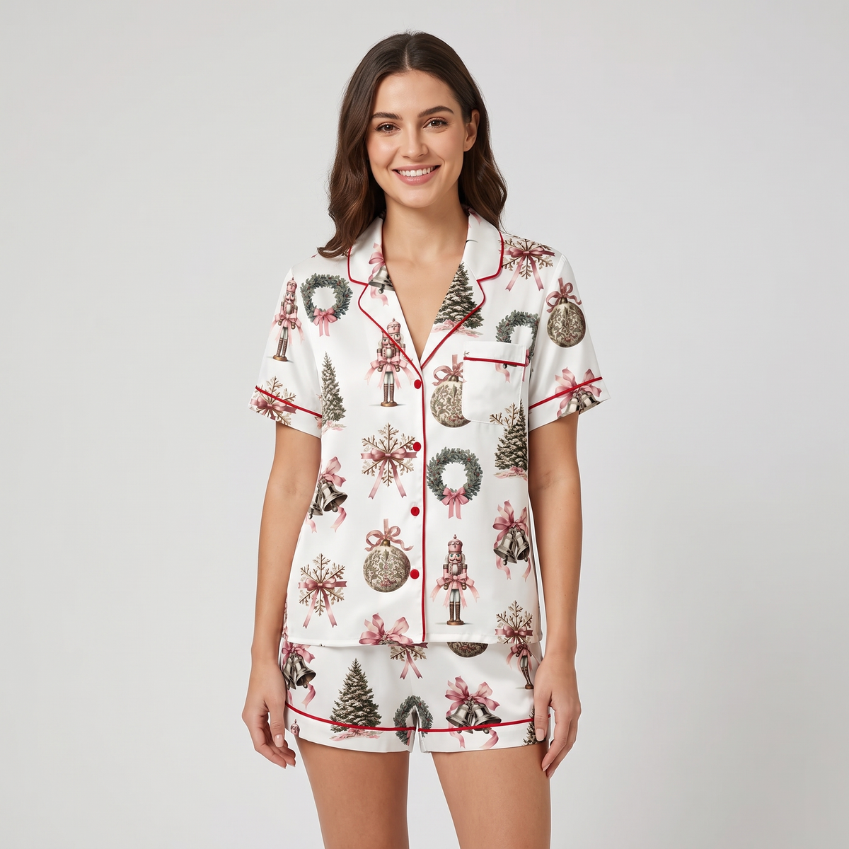 Vintage Pink Wreaths & Bells Women's Pajama Set - short sleeve and shorts
