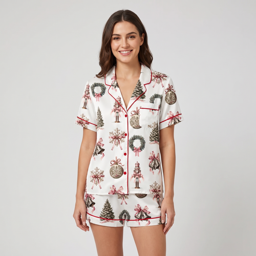 Vintage Pink Wreaths & Bells Women's Pajama Set - short sleeve and shorts