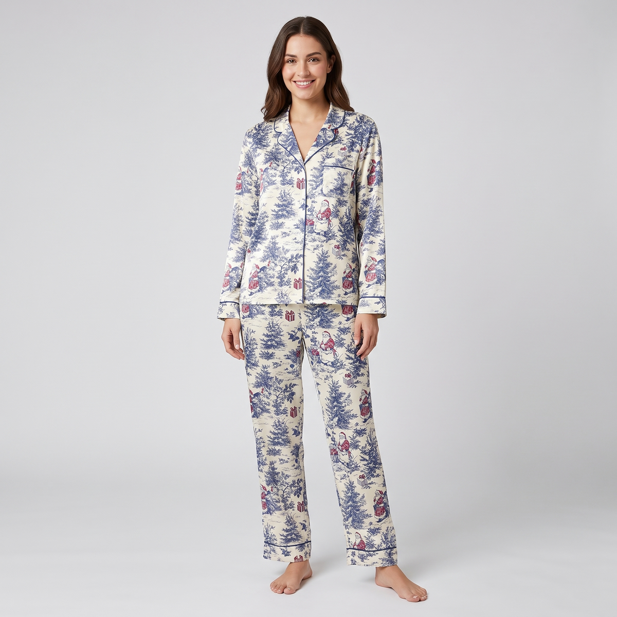 Blue Toile Winter Snowman Women's Pajama Set - long sleeve and pants