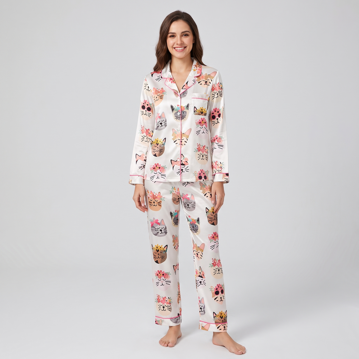 Flower Crown Cats Women's Pajama Set - long sleeve and pants