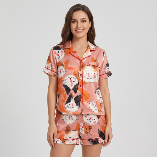 Smiling Calico Cats Women's Pajama Set - short sleeve and shorts