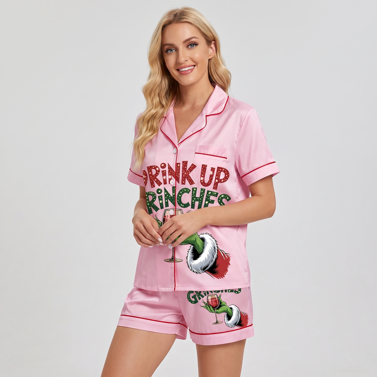 Drink Up Grinches Inspired Women's Pajama Set - short sleeve and shorts