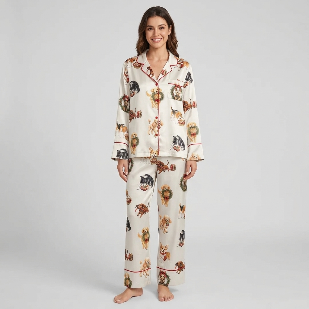 Women's satin pajama set with retrievers, beagles and terriers popping through holly wreaths on white - long sleeve and pants