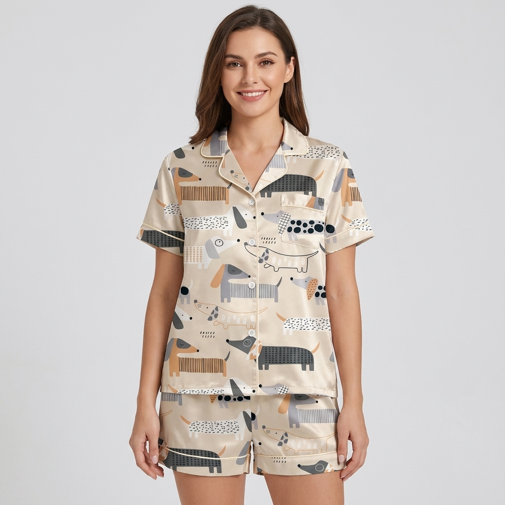 Women's satin pajama set with geometric mid-century dachshunds in charcoal, gray and rust on beige - short sleeve and shorts