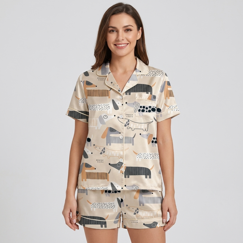 Women's satin pajama set with geometric mid-century dachshunds in charcoal, gray and rust on beige - short sleeve and shorts