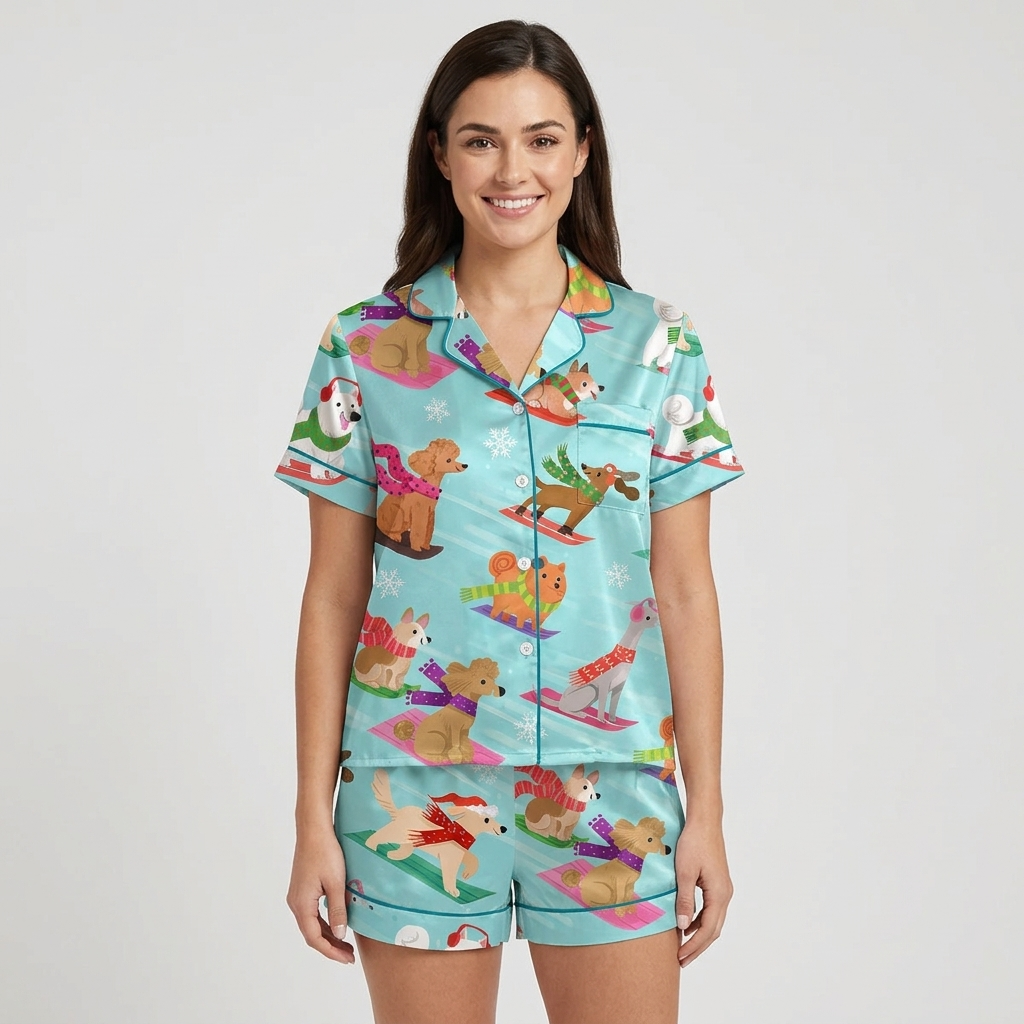 Women's satin pajama set with poodles, retrievers and spaniels sledding in Santa hats on aqua slopes - short sleeve and shorts