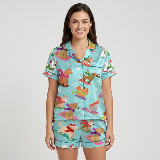 Women's satin pajama set with poodles, retrievers and spaniels sledding in Santa hats on aqua slopes - short sleeve and shorts
