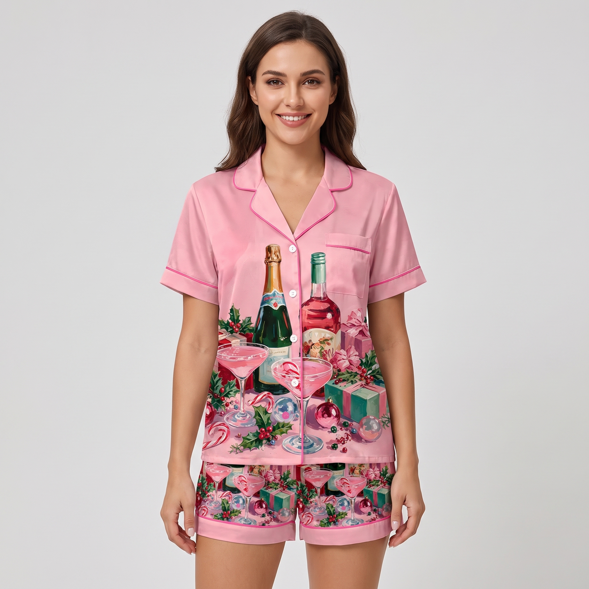 Pink Holiday Bar Cart Women's Pajama Set - short sleeve and shorts
