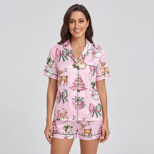 Pink & Green Coquette Deer Women's Pajama Set - short sleeve and shorts