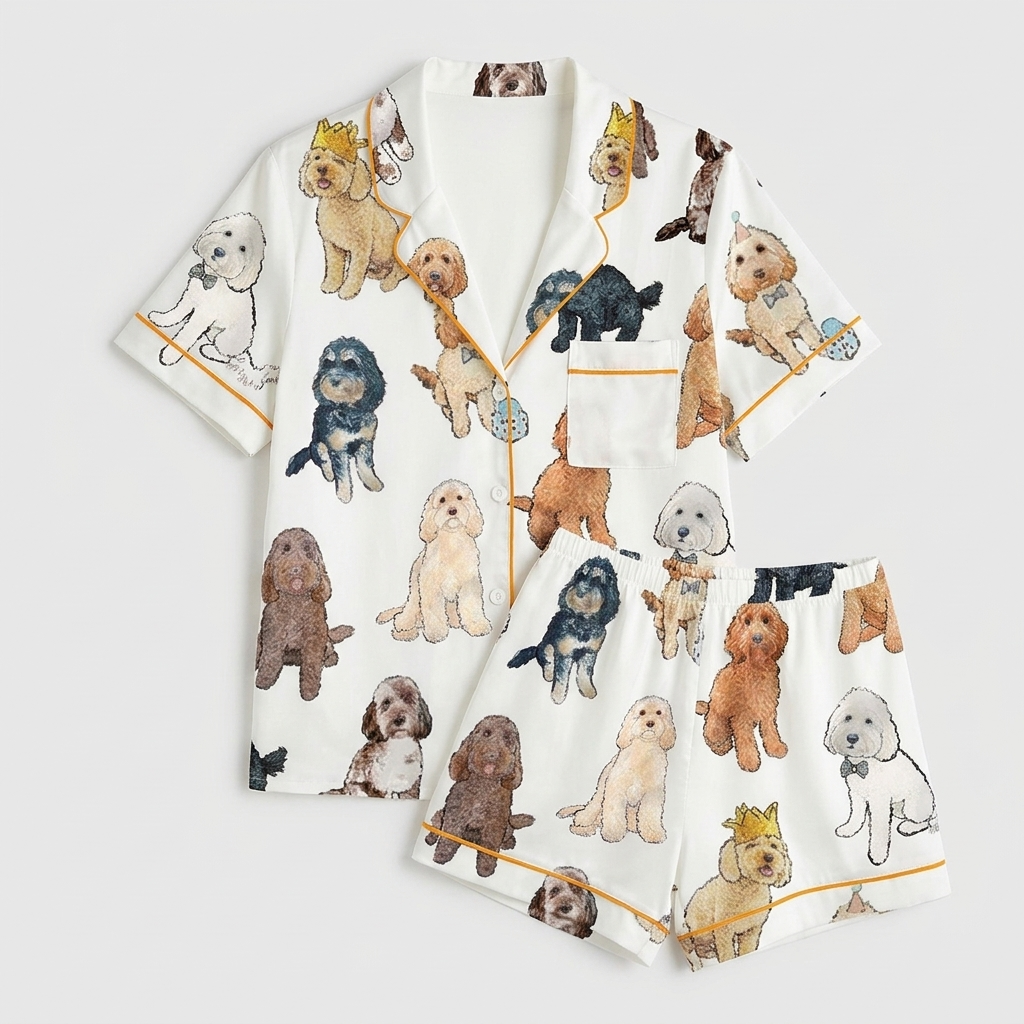 Women's satin pajama set with cockapoo and doodle pups in tiny gold crowns and bow ties on white - flat lay