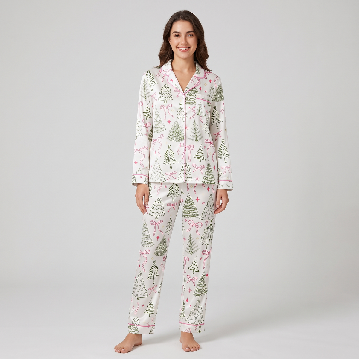 Preppy Bow Trees Women's Pajama Set - long sleeve and pants