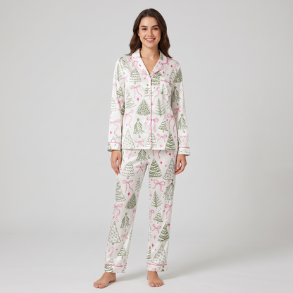 Preppy Bow Trees Women's Pajama Set - long sleeve and pants