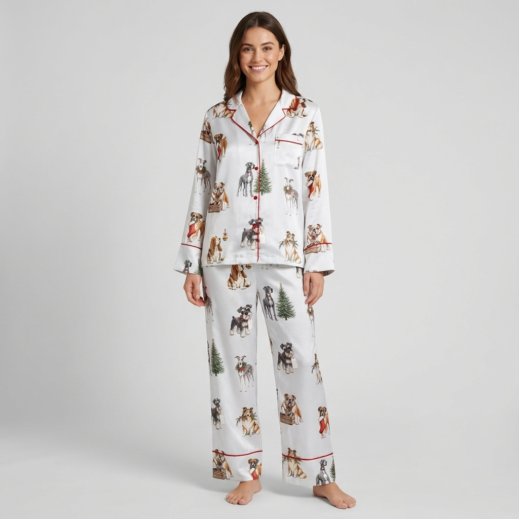 Women's satin pajama set with schnauzers, bulldogs and spaniels by evergreen trees, stockings and gift crates - long sleeve and pants