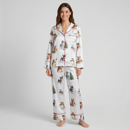 Women's satin pajama set with schnauzers, bulldogs and spaniels by evergreen trees, stockings and gift crates - long sleeve and pants