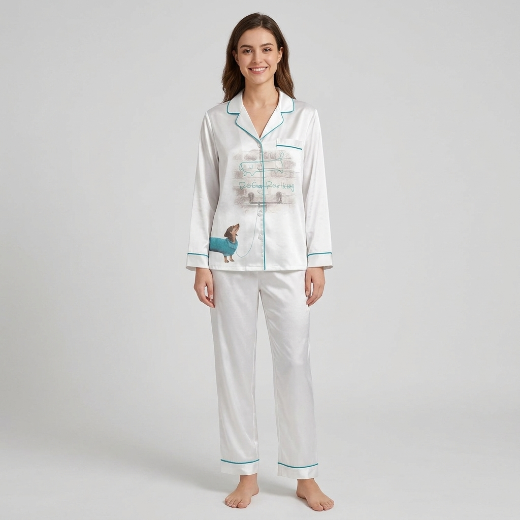 Women's satin pajama set with a Dog Parking sign and a dachshund in a teal sweater on white - long sleeve and pants