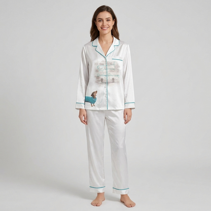 Women's satin pajama set with a Dog Parking sign and a dachshund in a teal sweater on white - long sleeve and pants