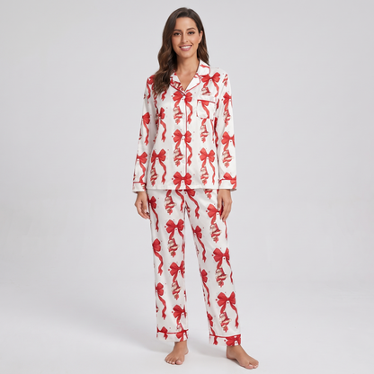 Red Bows & Santa Women's Pajama Set - long sleeve and pants