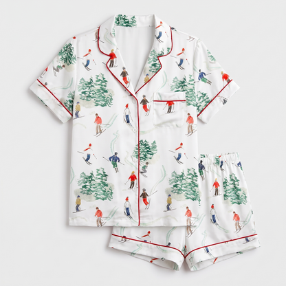 Christmas Skiers Women's Pajama Set - flat lay