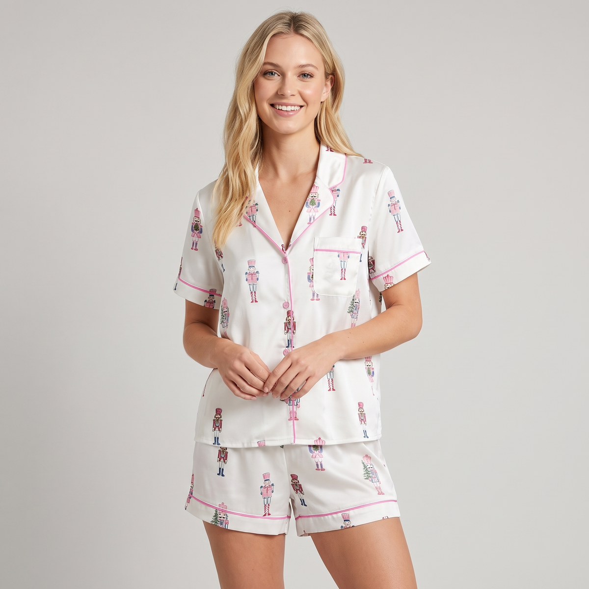 Mini Pink Nutcrackers Women's Pajama Set - short sleeve and shorts