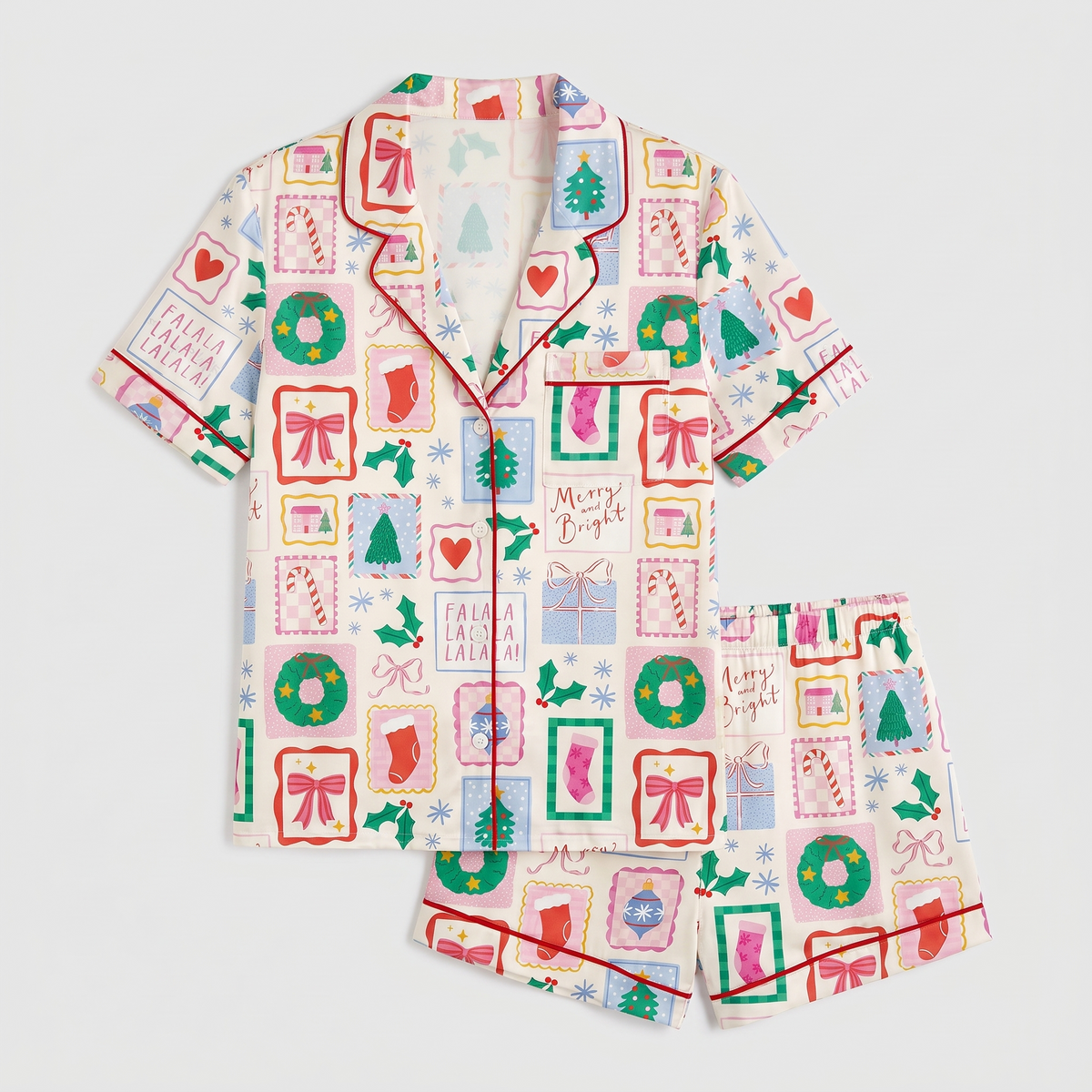 Christmas Postage Stamps Women's Pajama Set - flat lay