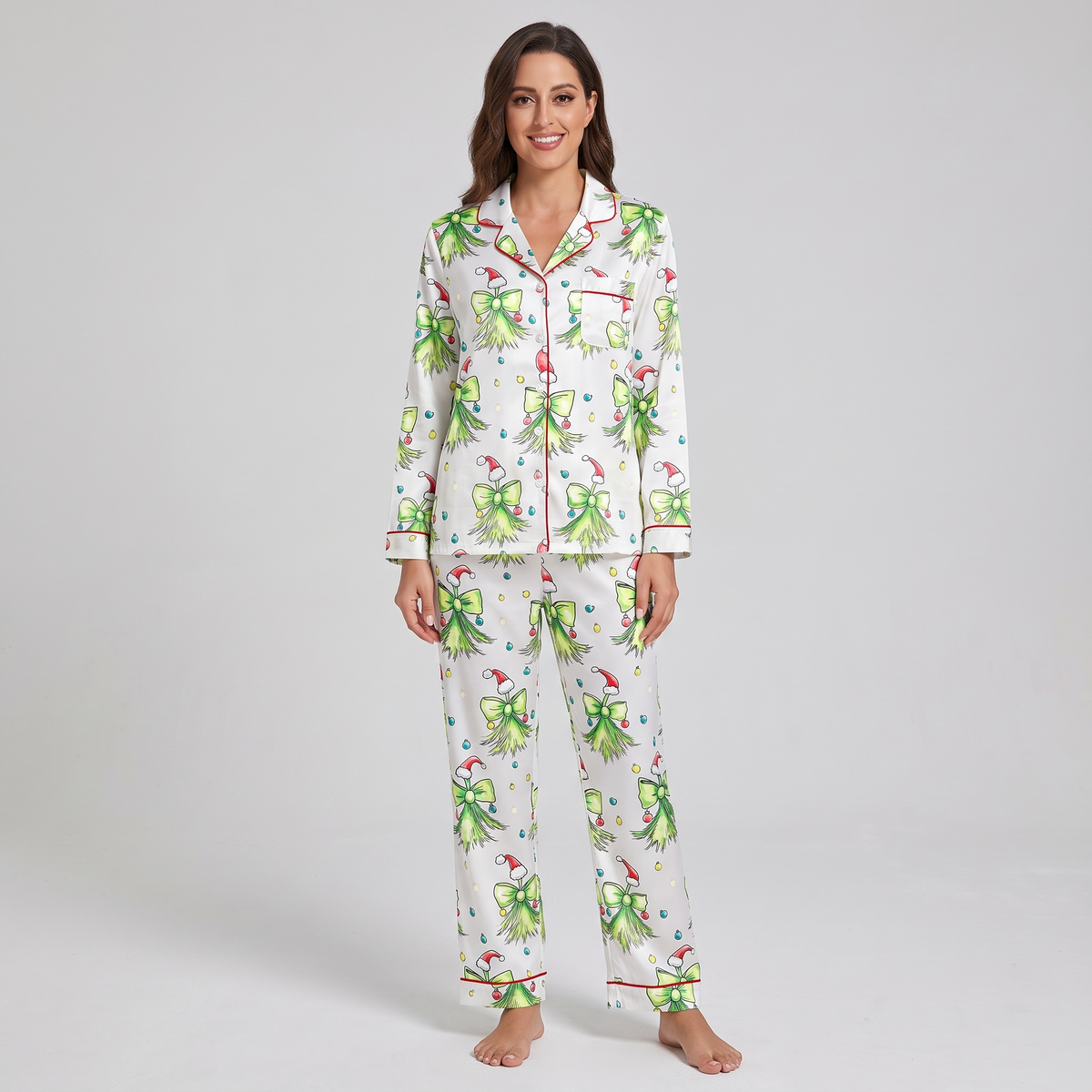 Santa Hat Green Bows Women's Pajama Set - long sleeve and pants