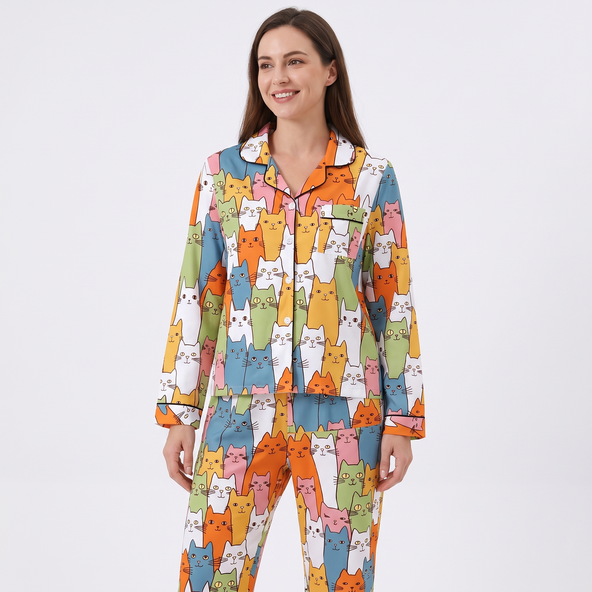 Colorful Cat Stack Women's Pajama Set - Multicolor - long sleeve and pants