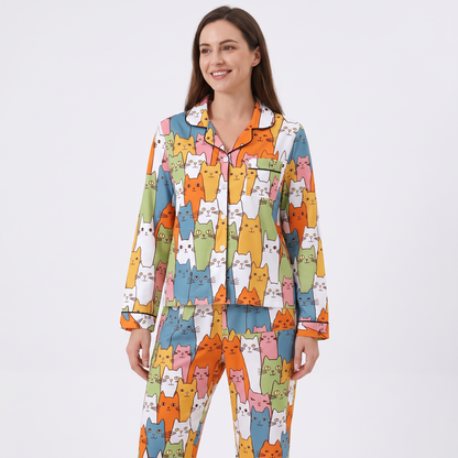 Colorful Cat Stack Women's Pajama Set - Multicolor - long sleeve and pants