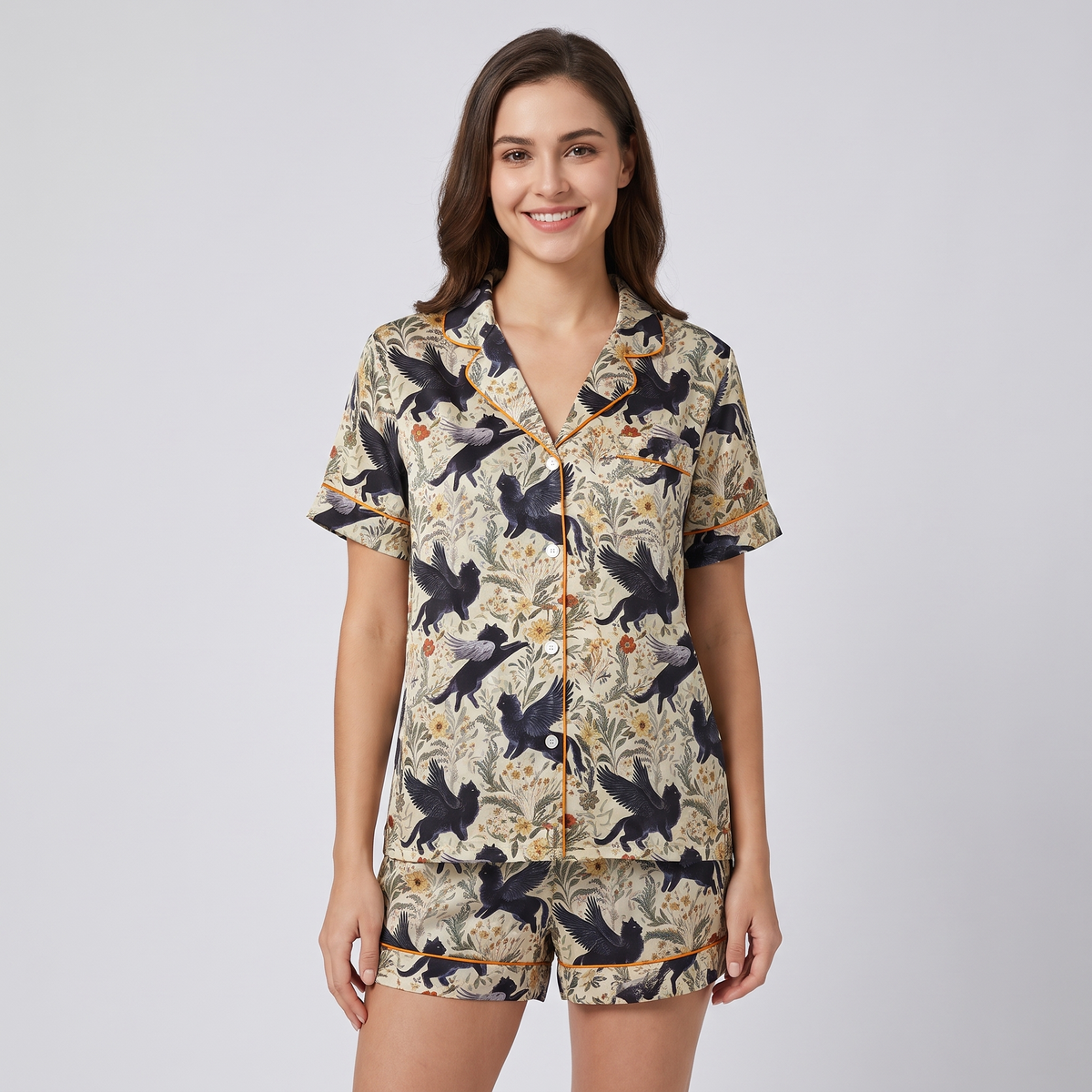 Winged Black Cats Women's Pajama Set - short sleeve and shorts