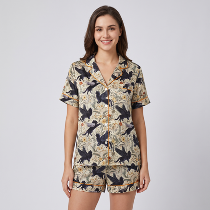 Winged Black Cats Women's Pajama Set - short sleeve and shorts