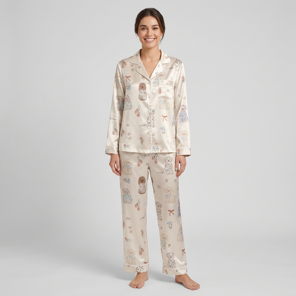 Women's satin pajama set with puppies in striped sweaters with red bows, blossoms and strawberries on champagne ivory - long sleeve and pants