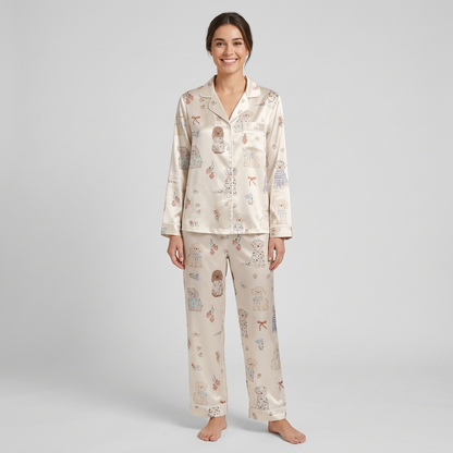Women's satin pajama set with puppies in striped sweaters with red bows, blossoms and strawberries on champagne ivory - long sleeve and pants