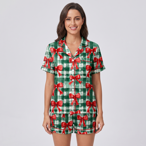 Green Gingham Bows Women's Pajama Set - short sleeve and shorts