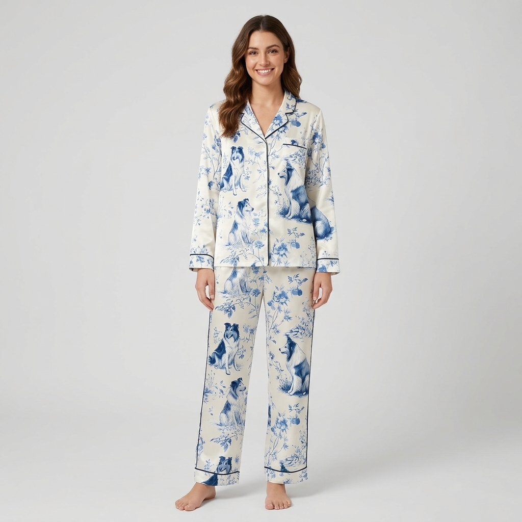 Women's satin pajama set with rough collies among blue chinoiserie flowers and branches on white - long sleeve and pants