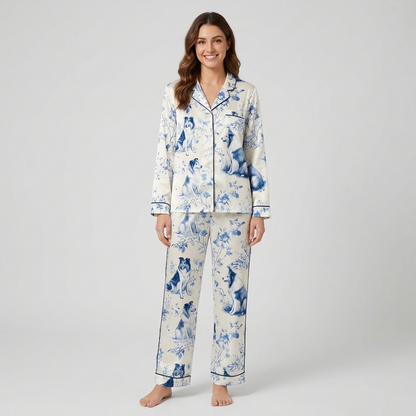 Women's satin pajama set with rough collies among blue chinoiserie flowers and branches on white - long sleeve and pants