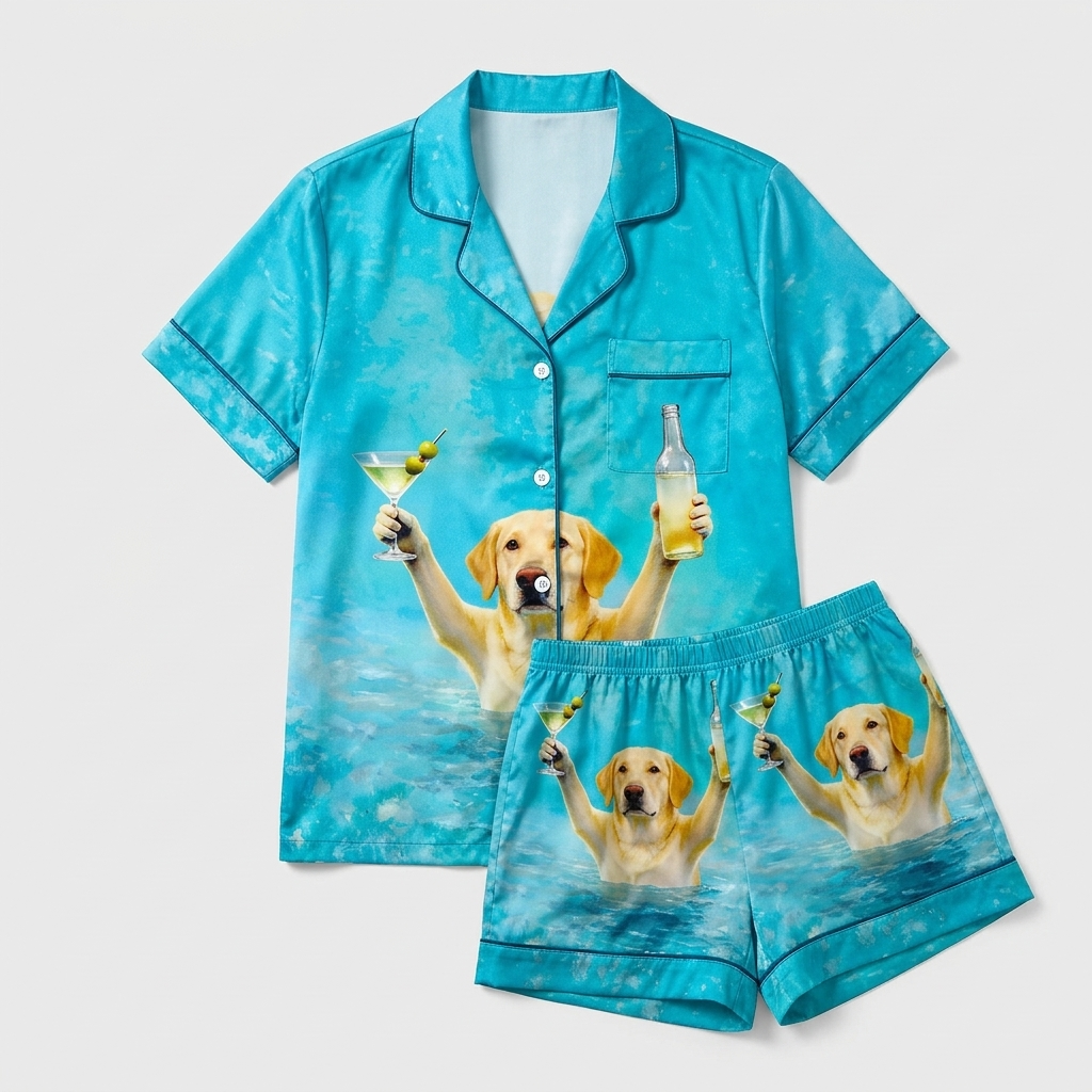 Women's satin pajama set with a yellow Labrador in a turquoise pool holding a martini - flat lay