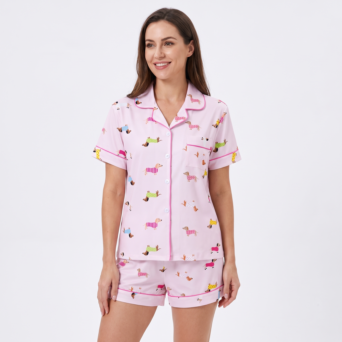 Sweater Weather Dachshunds Women's Pajama Set - Pink - short sleeve and shorts