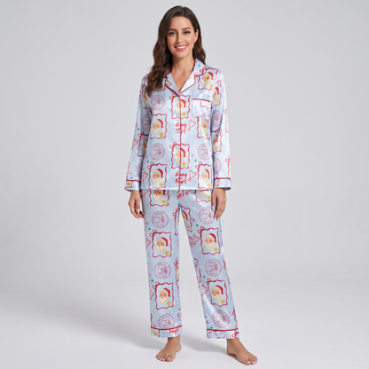Retro Santa Postmarks Women's Pajama Set - long sleeve and pants